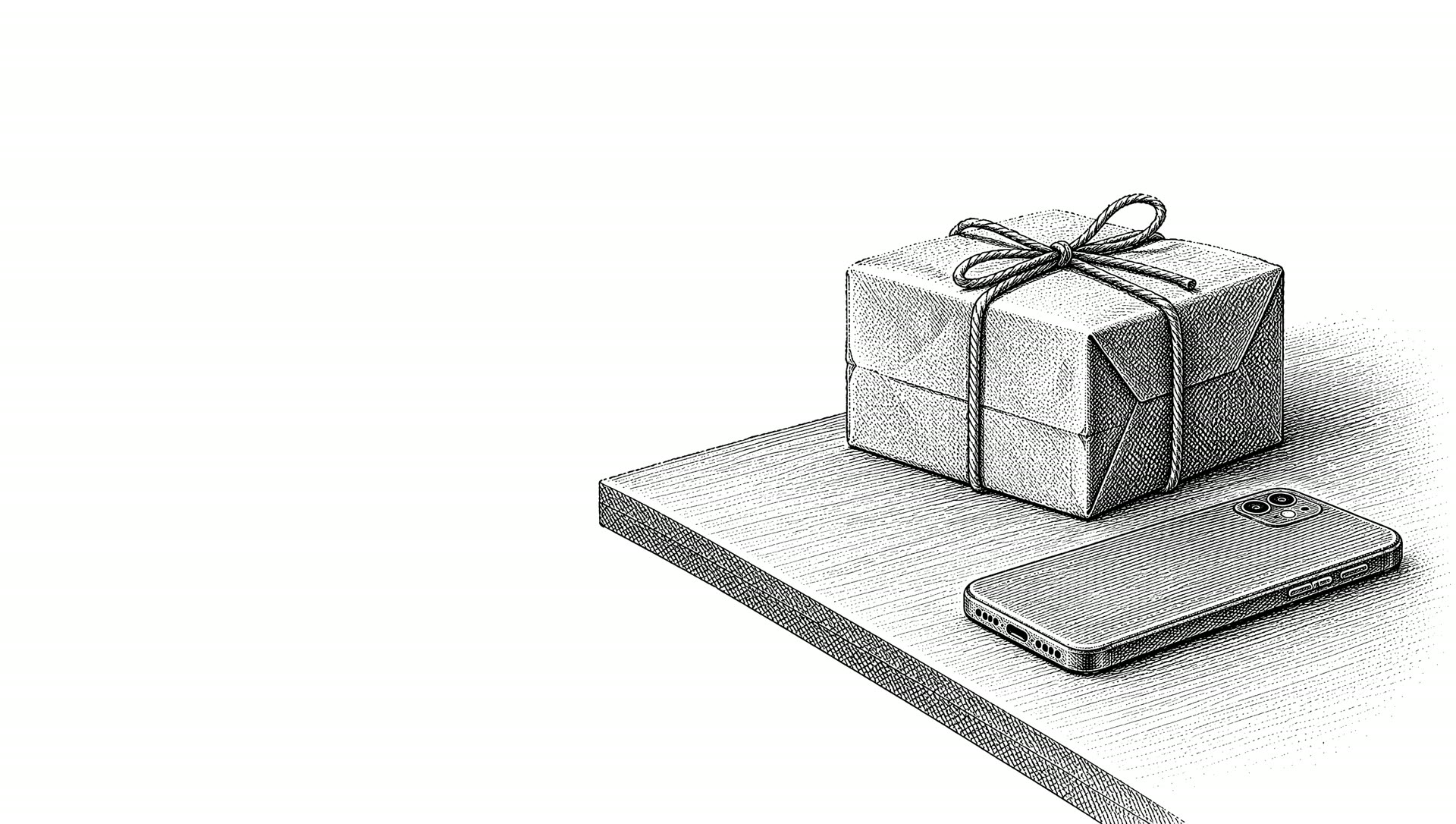 Mürekkep gravür: iple bağlanmış bir koli ve yanında telefon.