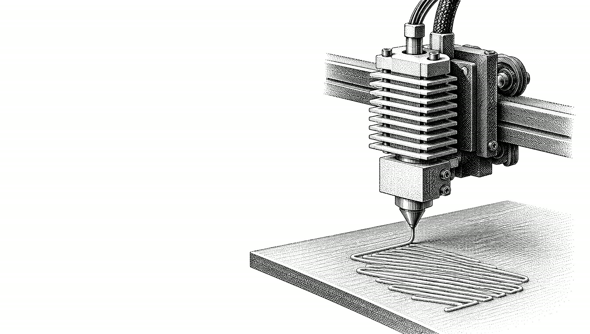 Mürekkep gravür: bir FDM baskı kafası tablaya filament seriyor.