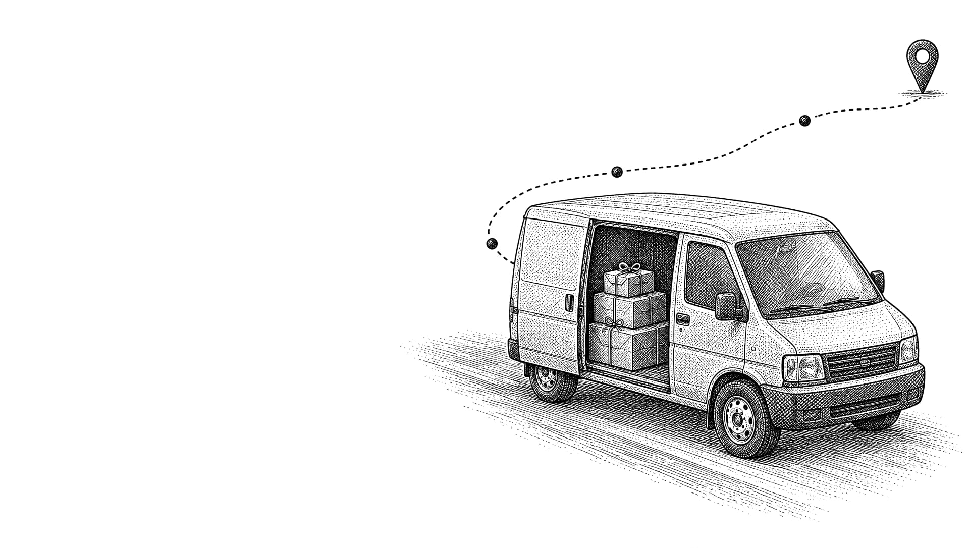 Mürekkep gravür: kolileri taşıyan bir kargo minibüsü ve konum işaretine giden noktalı yol.